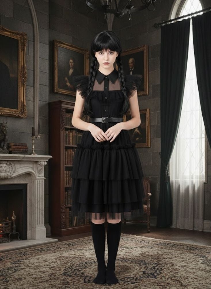 بريميم زي تنكري مستوحى من شخصية وينزداي آدامز، فستان أسود مع شعر مستعار مضفر ويد صناعية - زي تنكري قوطي للفتيات - Image 4